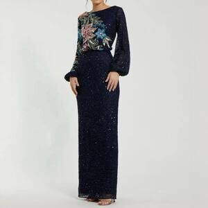 MAC DUGGAL Navy High Neck Long Sleeve Sequin Gown Size 2